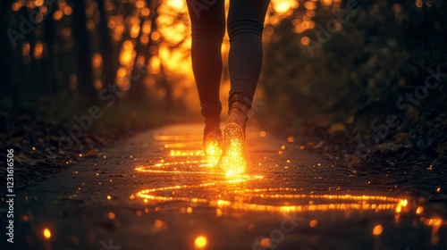 A person walking, their feet glowing as they leave behind an ethereal trail of light, illuminating the path ahead photo