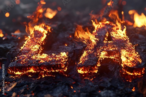 LA, Los Angeles letters burning in California fires. Generative Ai photo