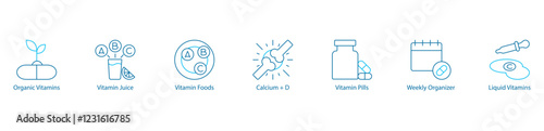 Organic Nutrition and Vitamin Essentials Vector Icon Set – Organic Vitamins, Vitamin Juice, Nutrient Rich Foods, Calcium plus D, Pills, Weekly Organizer, Liquid Supplements
