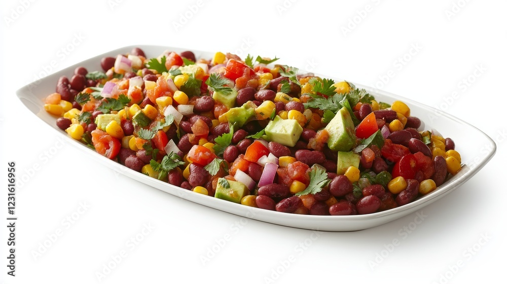 Corn salad with red beans, avocado, tomatoes, onion, and cilantro, served on a white background. Corn salad with red beans, avocado, tomatoes, onion, and cilantro, served on a white background.