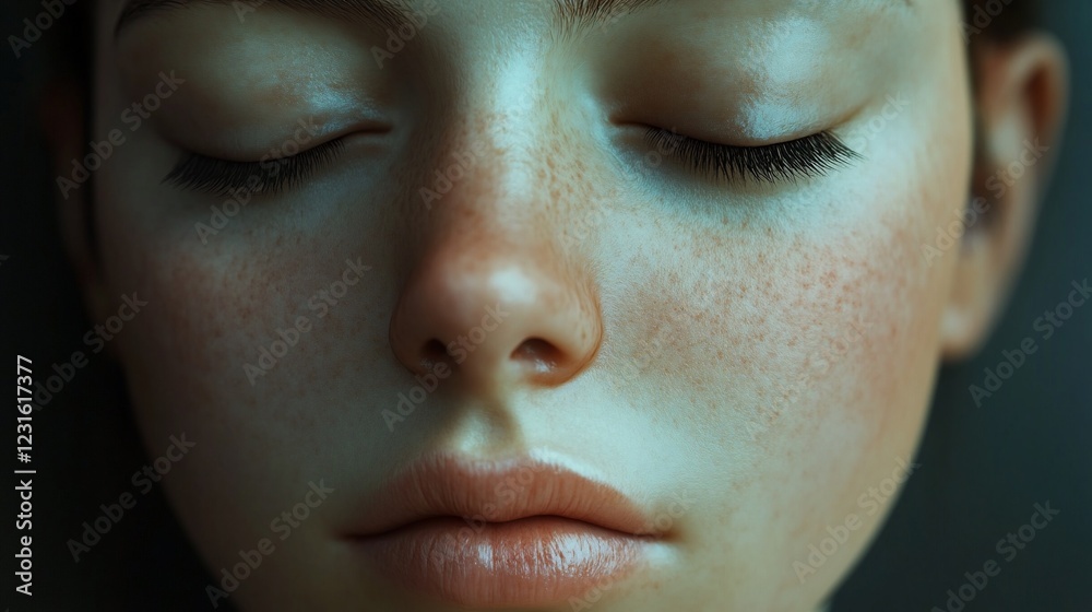 Fototapeta premium Close-up portrait, serene girl, freckles, peaceful background, beauty concept