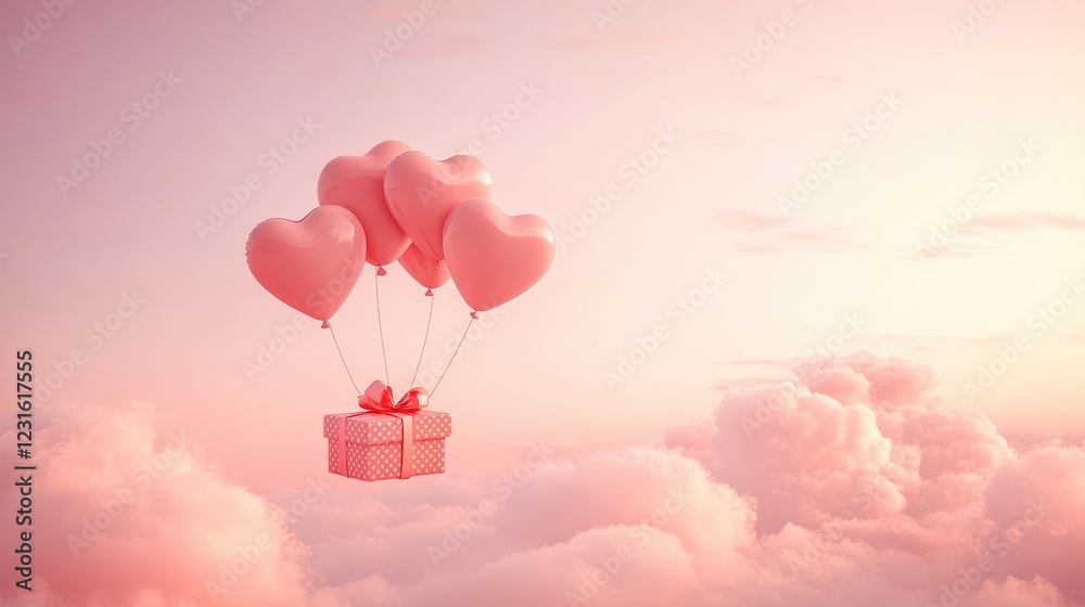 Fototapeta premium A Box flying on a parachute with pink cloud in valentine day,package flying down from sky and cloud with parachute, concept for delivery service,shopping online,air delivery service.