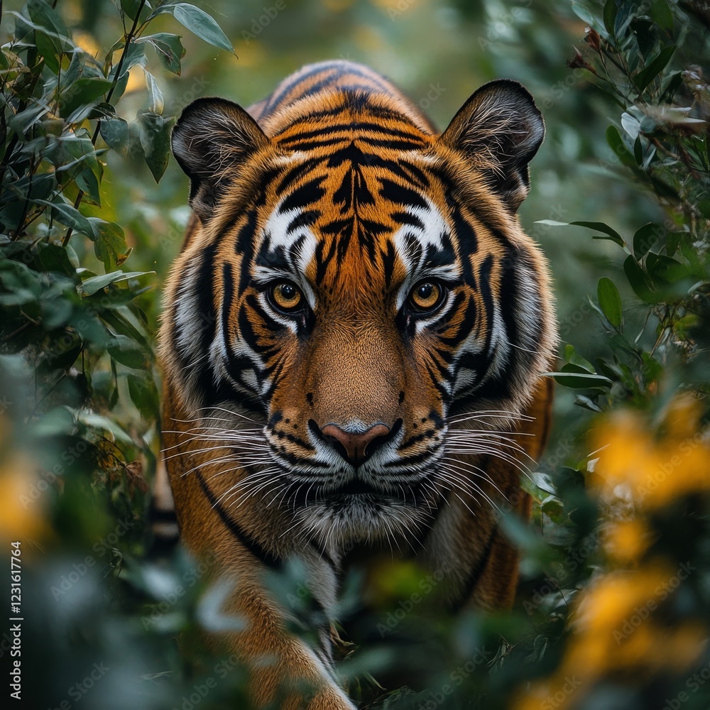 Fototapeta premium A close-up of a tiger prowling through a dense forest, focused expression, light filtering through the trees