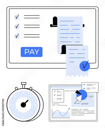 Payment screen with receipt and pay button, timer, and data chart with analytics elements. Ideal for finance, e-commerce, productivity, efficiency, analytics, online services abstract line flat