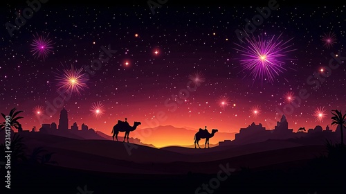 Desert sunset fireworks camels. night illustration is better than a thousand months or the night of Laylatul Qodar. Generative ai photo