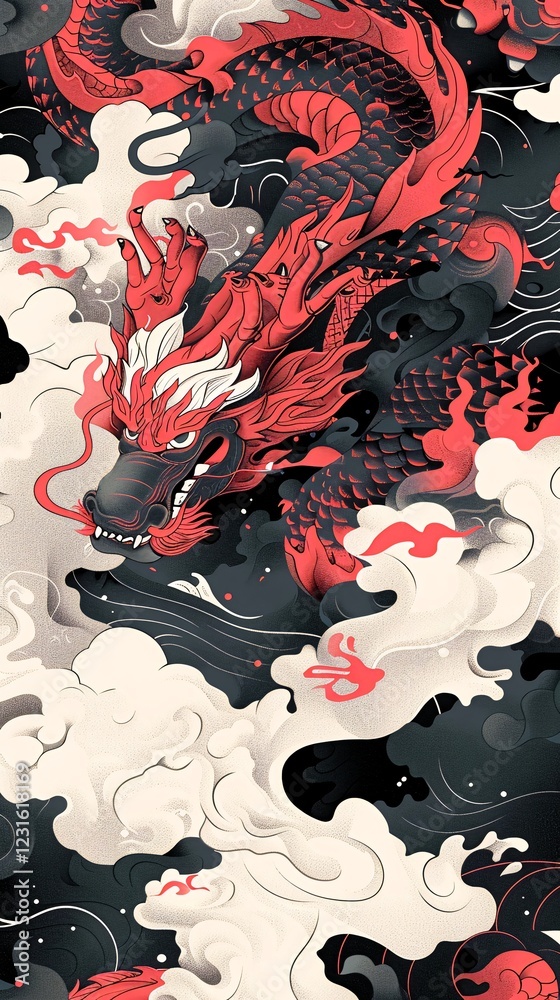 Obraz premium Fiery Red Dragon Amidst Clouds; Asian Mythology Art; Phone Wallpaper. Generative ai