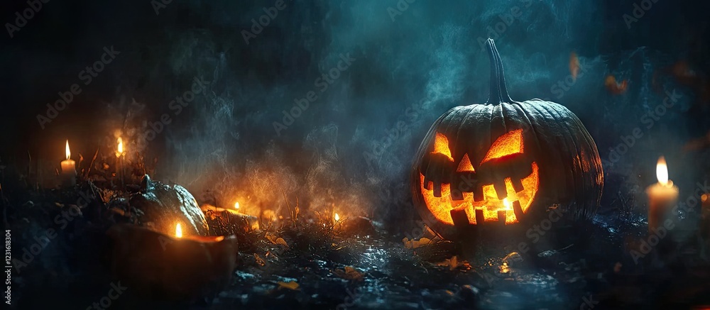 Illuminated Halloween pumpkin carvings glowing with candles in a dark foggy setting create an enchanting spooky atmosphere with vibrant orange hues. Illuminated Halloween pumpkin carvings glowing with candles in a dark foggy setting create an enchanting spooky atmosphere with vibrant orange hues.