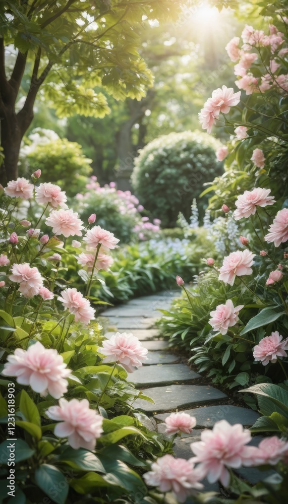 Fototapeta premium Dreamy garden with soft pink flowers and lush foliage