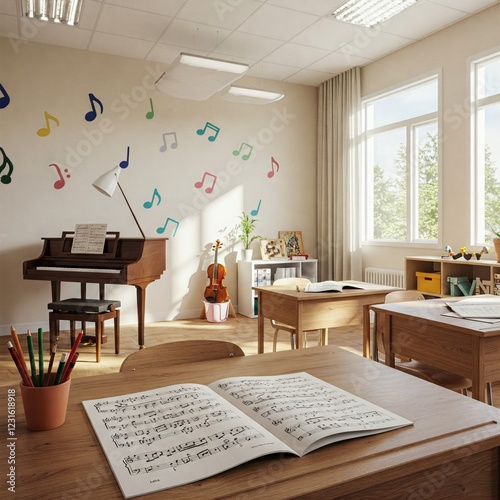 A classroom with a music theme, featuring a piano in the corner, sheet music on the desk, and musical notes on the walls.
 photo