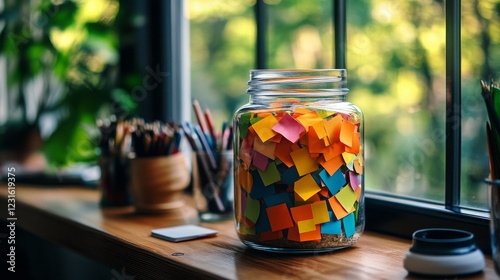 A compliment jar filled with colorful notes, some visible with compliments written on them, cozy interior, soft focus