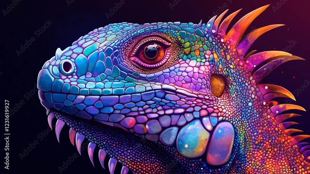 Fototapeta premium A vector illustration of a hyper-color iguana skin texture with exaggerated psychedelic scale transitions.