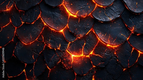 A vector illustration of a fire dragon scale texture with molten lava cracks and ember-like glows.