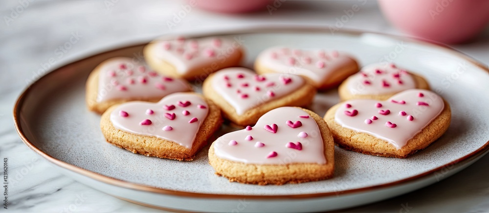 Heart-shaped cookies with pink glaze and red sprinkles arranged on a pale ceramic plate, perfect for Valentine's Day celebrations.