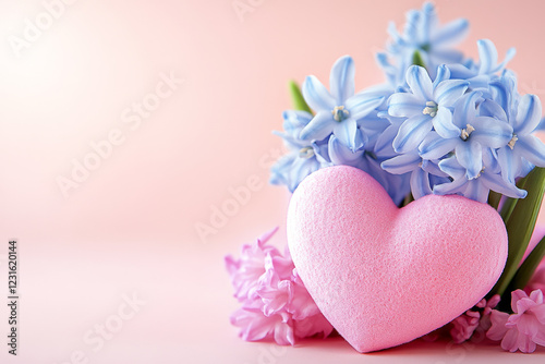 Elegant arrangement of blue and white hyacinths with pink hearts in a dreamy pastel setting, perfect for romantic spring themes and seasonal celebrations. photo