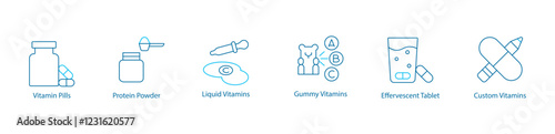 Supplement Nutrition Vector Icon Set – Vitamin Pills, Protein Powder, Liquid  Gummy Vitamins, Effervescent Tablet, Custom Formulas