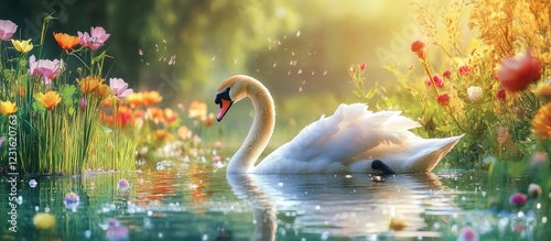 Serene swan gliding gracefully on tranquil water surrounded by vibrant flowers in warm golden light creating a peaceful nature scene