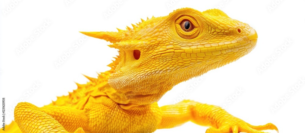 Fototapeta premium Vibrant yellow bearded dragon with intricate textures and features against a pure white background highlighting its vivid colors and details.