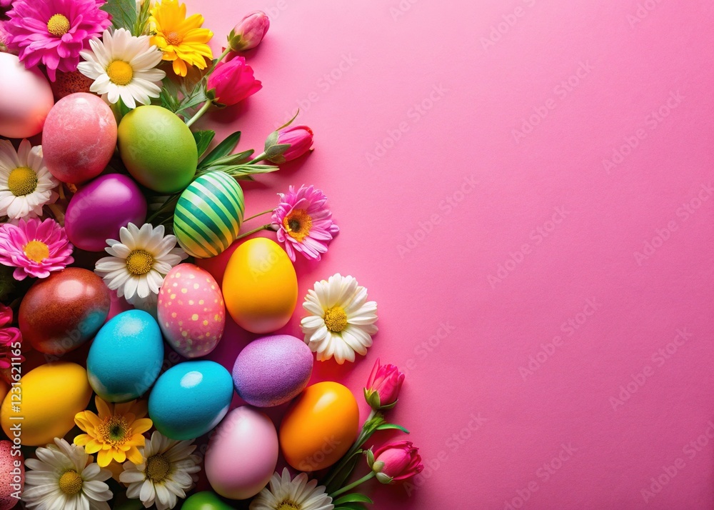 Easter Eggs and Flowers Creative Composition on Pink Background Easter Eggs and Flowers Creative Composition on Pink Background
