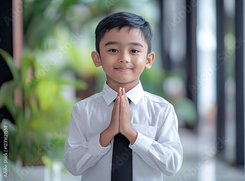 A photo of an Indonesian boy wearing white shirt and black tie, doing the BHTTPRequest gesture with his hands in front to exhibition like traditional greeting or praying pose on plain background photo