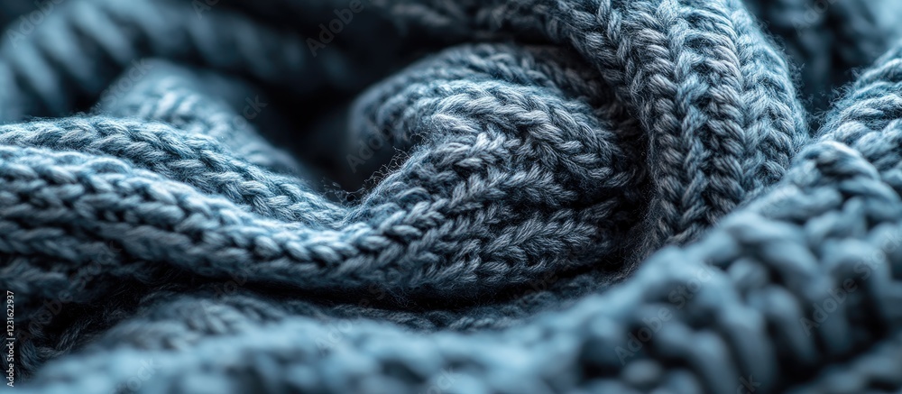 Close up of soft knitted wool fabric in deep blue color showcasing intricate patterns and texture creating a cozy and creative aesthetic. Close up of soft knitted wool fabric in deep blue color showcasing intricate patterns and texture creating a cozy and creative aesthetic.