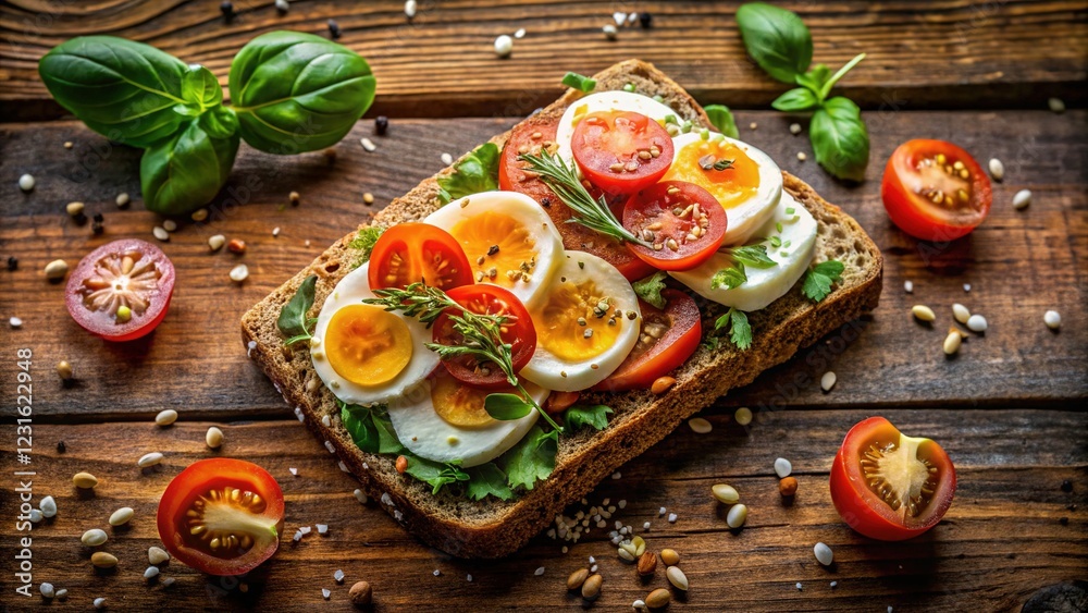 Healthy Sandwiches with Crisp Bread, Soft Cheese, Boiled Eggs, Tomatoes, and Sesame Seeds on Wooden Background, Top View Healthy Sandwiches with Crisp Bread, Soft Cheese, Boiled Eggs, Tomatoes, and Sesame Seeds on Wooden Background, Top View