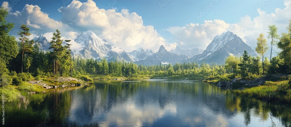 Tranquil mountain landscape with lush green trees and clear blue sky reflected in serene lake water, surrounded by majestic snow-capped peaks. Tranquil mountain landscape with lush green trees and clear blue sky reflected in serene lake water, surrounded by majestic snow-capped peaks.