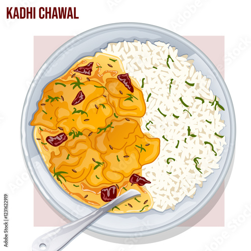 Indian Kadhi Chawal Plate with Spoon Top View. South Asian Yogurt Pakora Curry Rice Detailed Illustration