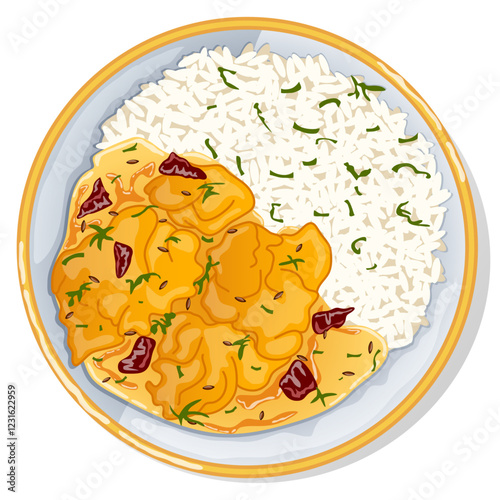 Yogurt Pakora Karhi Chawal Plate Top View Illustration. Authentic Indian Curry Rice