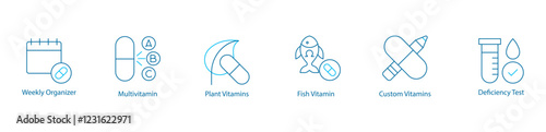 Health  Wellness Vector Icon Set – Weekly Organizer, Multivitamin, Plant   Fish Vitamins, Custom Supplements, Deficiency Test