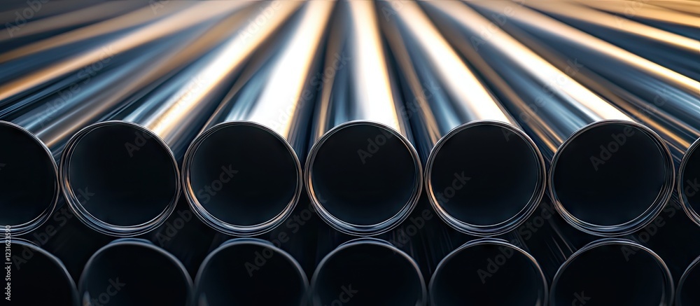 Close-up view of polished steel pipes arranged in a row, showcasing a blend of dark metallic colors with a warm light gradient in the background. Close-up view of polished steel pipes arranged in a row, showcasing a blend of dark metallic colors with a warm light gradient in the background.