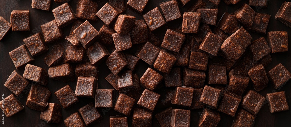 Rich dark brown cocoa cereal pieces scattered on a black flat lay background emphasizing texture and minimalism in a delectable arrangement. Rich dark brown cocoa cereal pieces scattered on a black flat lay background emphasizing texture and minimalism in a delectable arrangement.