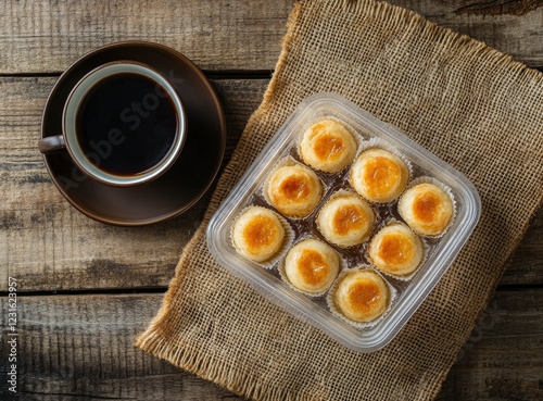 A round plastic container filled with kuih koci, also known as sweet cookies or dough balls. The cookies have a golden-brown glaze and are arranged in small ball shapes stacked on top of each other. photo