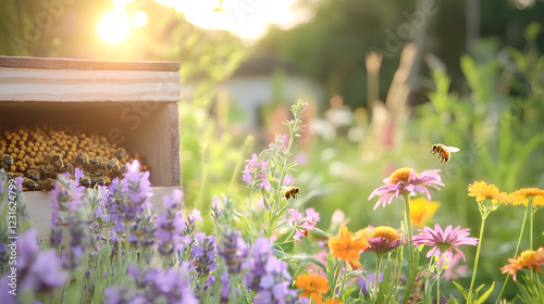 Bee-Friendly Garden with Blooming Flowers and Charming Wooden Beehive