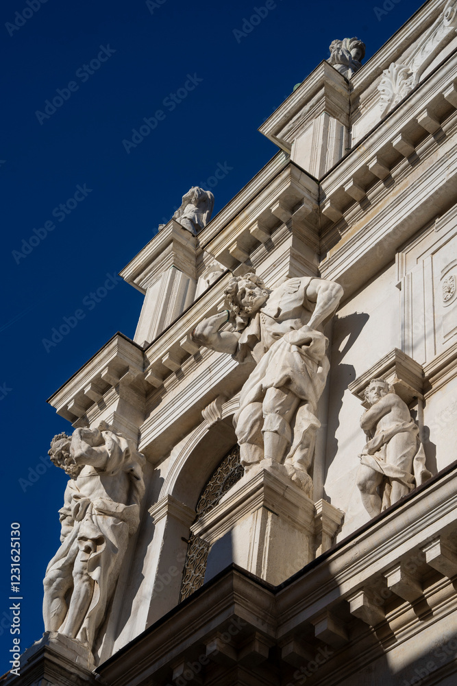 Sculptures and monuments on facade of Church of the Ospedaletto, Church of Santa Maria dei Derelitti , Venice , Veneto , Italy 03.01.2025 Sculptures and monuments on facade of Church of the Ospedaletto, Church of Santa Maria dei Derelitti , Venice , Veneto , Italy 03.01.2025