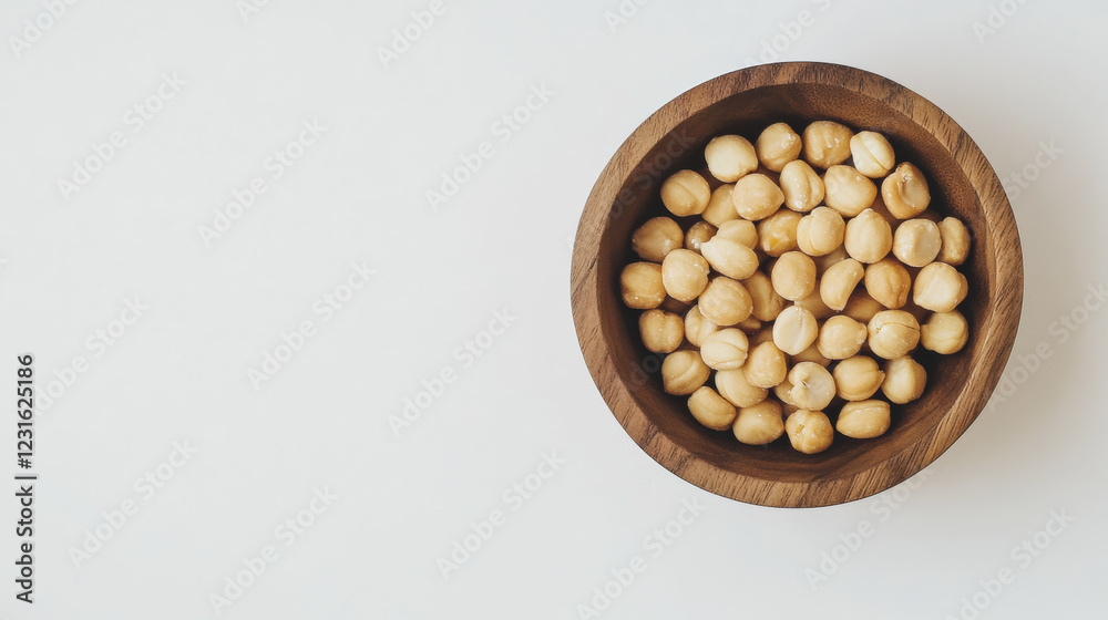 Natural wooden bowl filled with macadamia nuts on light background, showcasing healthy snack option. Perfect for culinary presentations or food related content Natural wooden bowl filled with macadamia nuts on light background, showcasing healthy snack option. Perfect for culinary presentations or food related content