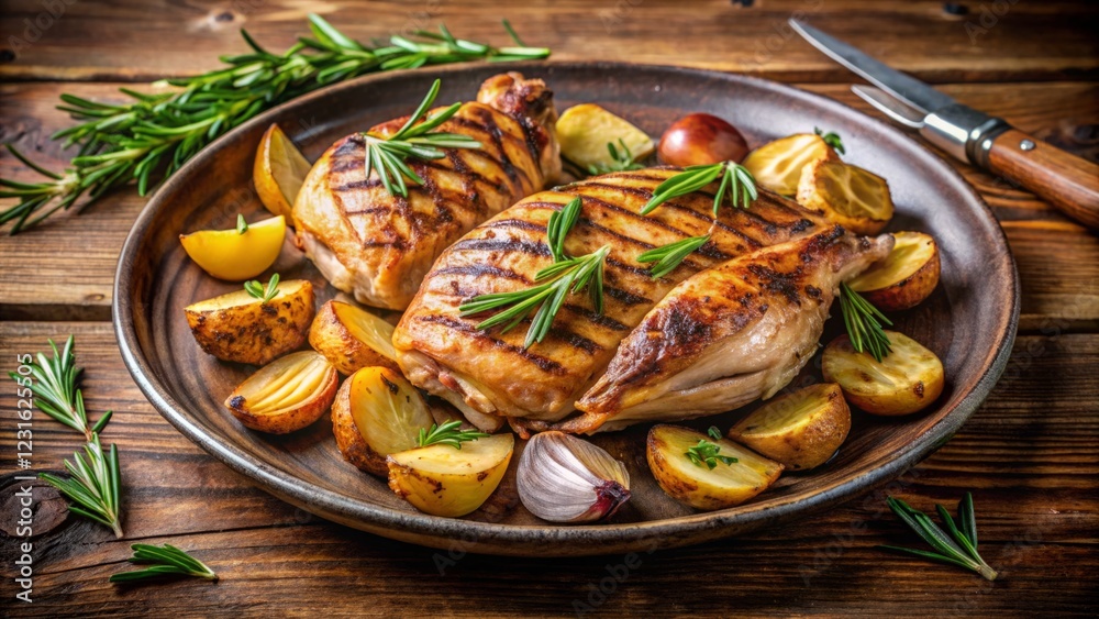 Grilled Chicken with Potatoes and Fresh Herbs on Rustic Wooden Table Grilled Chicken with Potatoes and Fresh Herbs on Rustic Wooden Table
