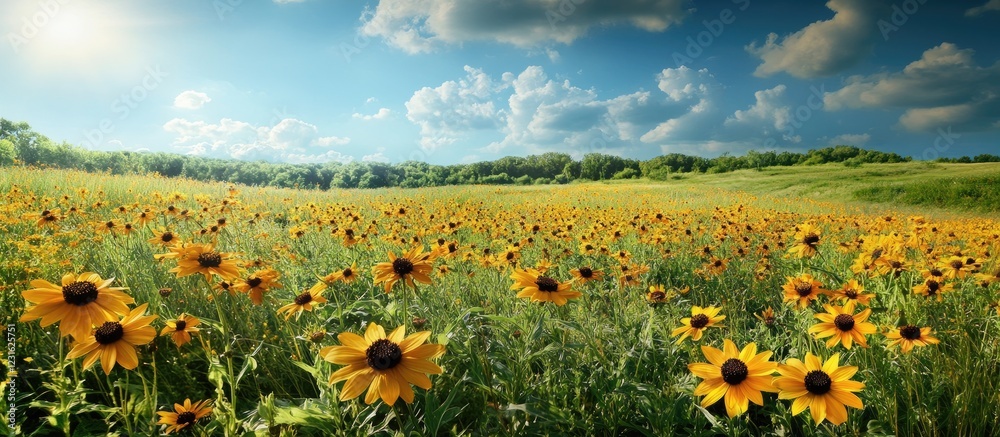 Fototapeta premium Vibrant field of black-eyed Susan flowers with yellow petals and dark centers, spread across a lush green meadow under a bright blue sky.
