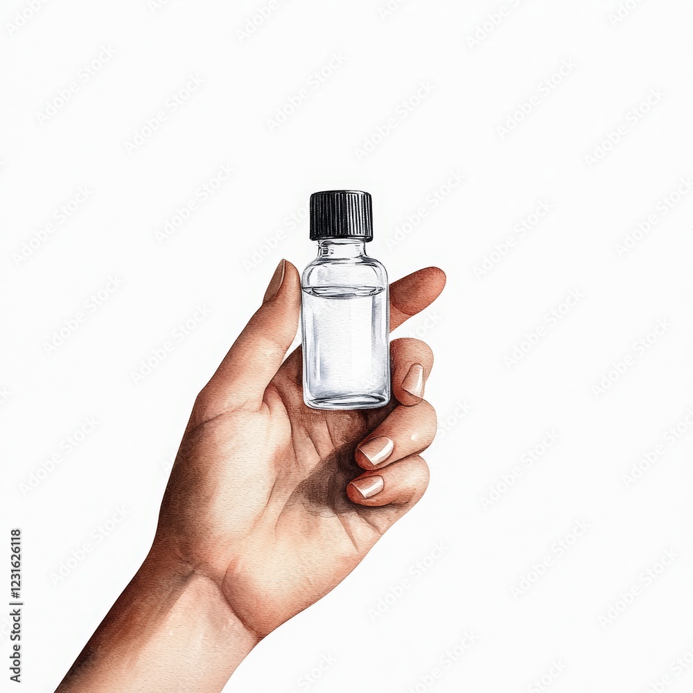 A hand holding a small glass bottle filled with clear liquid, symbolizing purity and health. A hand holding a small glass bottle filled with clear liquid, symbolizing purity and health.
