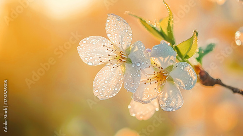Wallpaper Mural Delicate spring blossom covered with morning dew, glowing warmly under soft golden sunlight. Torontodigital.ca