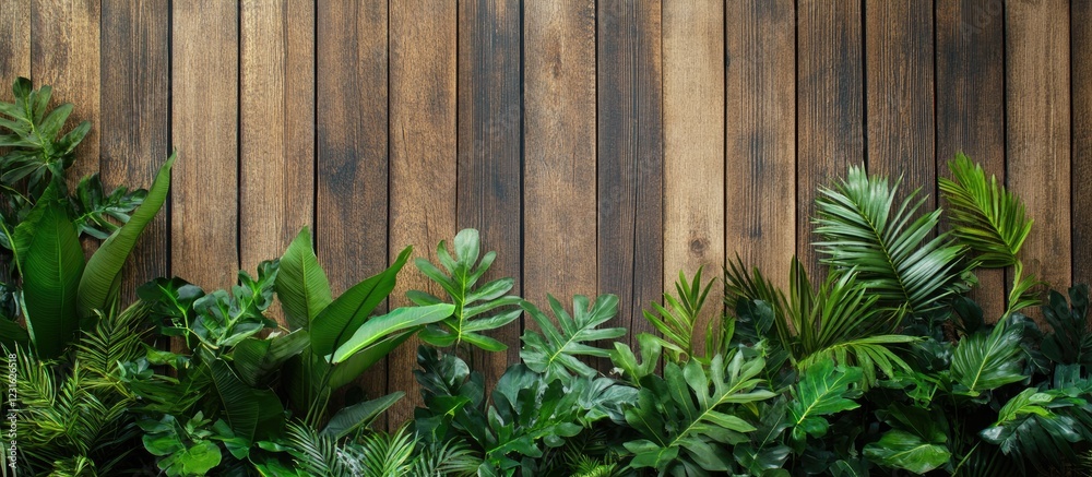 Lush green plants positioned at the bottom against a weathered brown wood wall create a vibrant natural texture for serene decor themes.