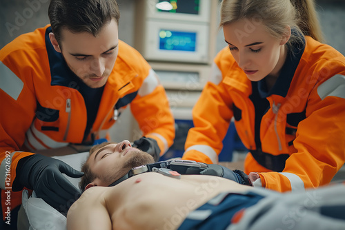 Emergency personnel attempt to resuscitate an unconscious patient. photo