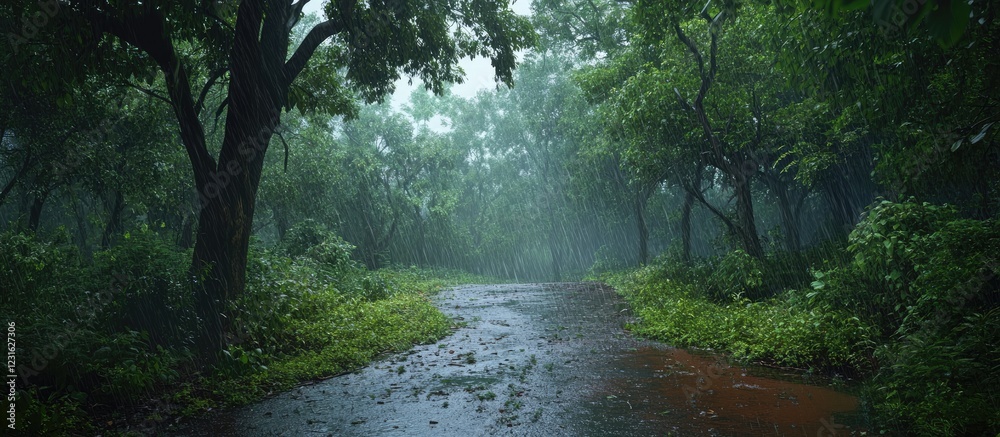 Lush green monsoon forest scene with heavy rainfall creating a misty atmosphere, winding muddy path surrounded by dense foliage and trees. Lush green monsoon forest scene with heavy rainfall creating a misty atmosphere, winding muddy path surrounded by dense foliage and trees.