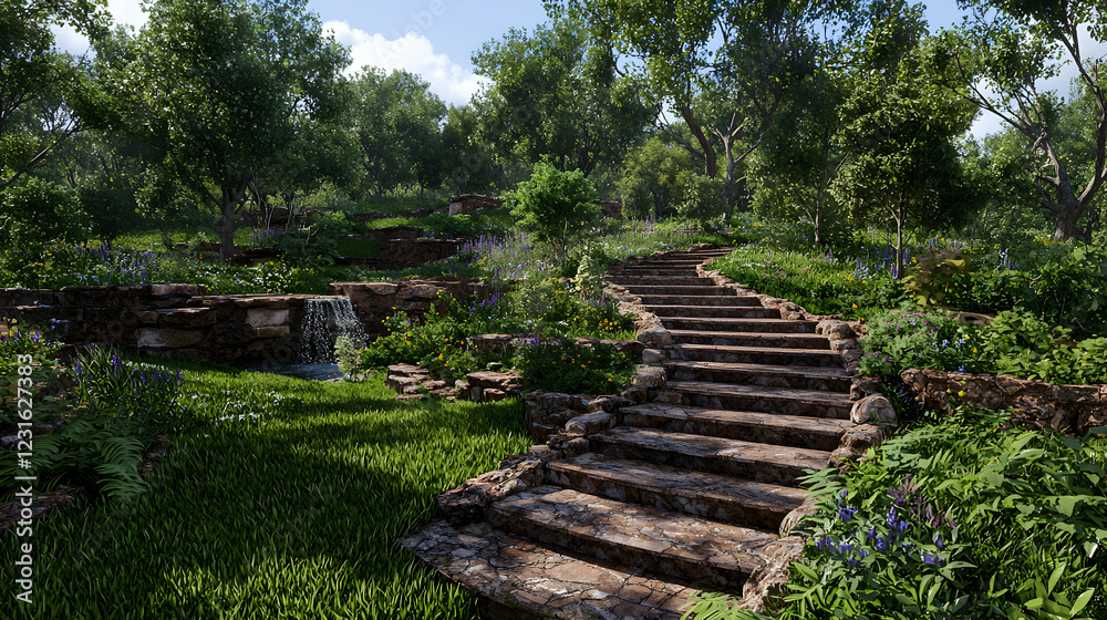 Stone steps ascend a lush garden, waterfall background; landscape design Stone steps ascend a lush garden, waterfall background; landscape design