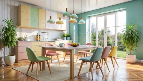 Pastel-Hued Dining Nook: Modern Kitchen Interior with Vacant Table and Chairs