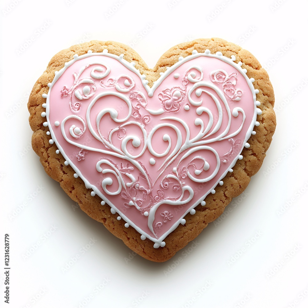 Obraz premium Pink Heart Shaped Cookie With Delicate Icing Design