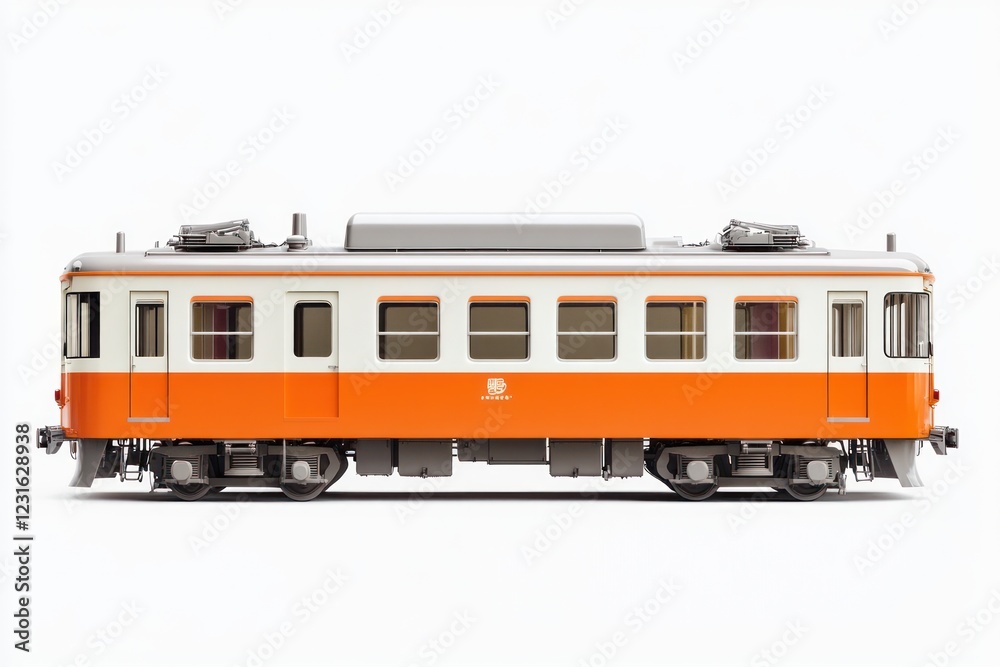 Orange train model, side view, white background, studio shot, hobby Orange train model, side view, white background, studio shot, hobby