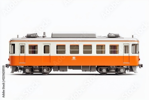 Orange train model, side view, white background, studio shot, hobby