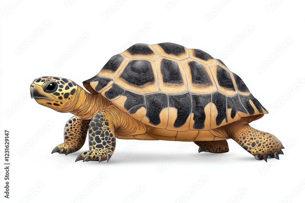Fototapeta premium A detailed illustration of a tortoise showcasing its unique shell patterns and natural colors against a white background.