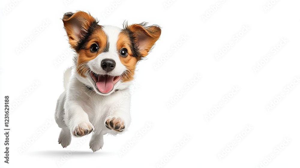 A happy puppy jumping playfully with a joyful expression, embodying the spirit of fun and adventure in a bright, white background. A happy puppy jumping playfully with a joyful expression, embodying the spirit of fun and adventure in a bright, white background.