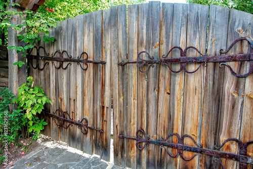 Obraz na płótnie Rustic wooden gate adorned with iron hardware in a lush garden reveals a hidden sanctuary w salonie